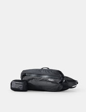Black waist bag with visible brand logo on a white background