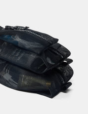 Black mesh pouch with zippers on a white background