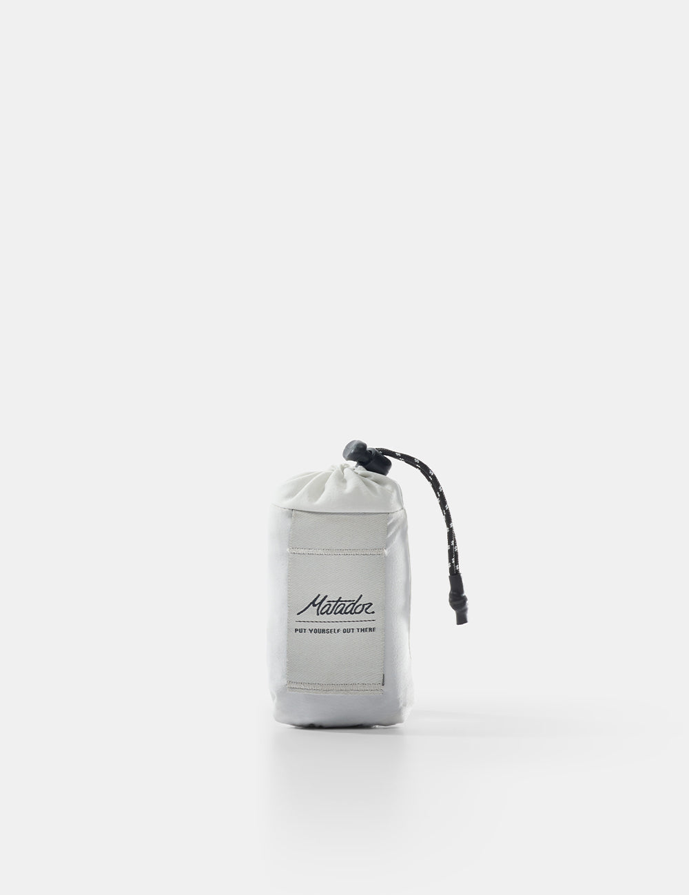 White drawstring bag with black branding on a white background